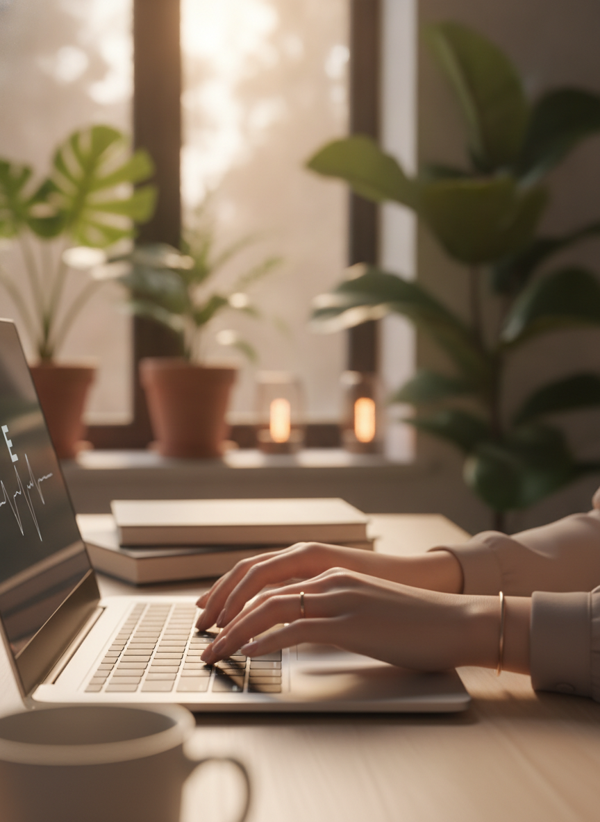 Warm creator workspace with laptop, books, and soft studio lighting
