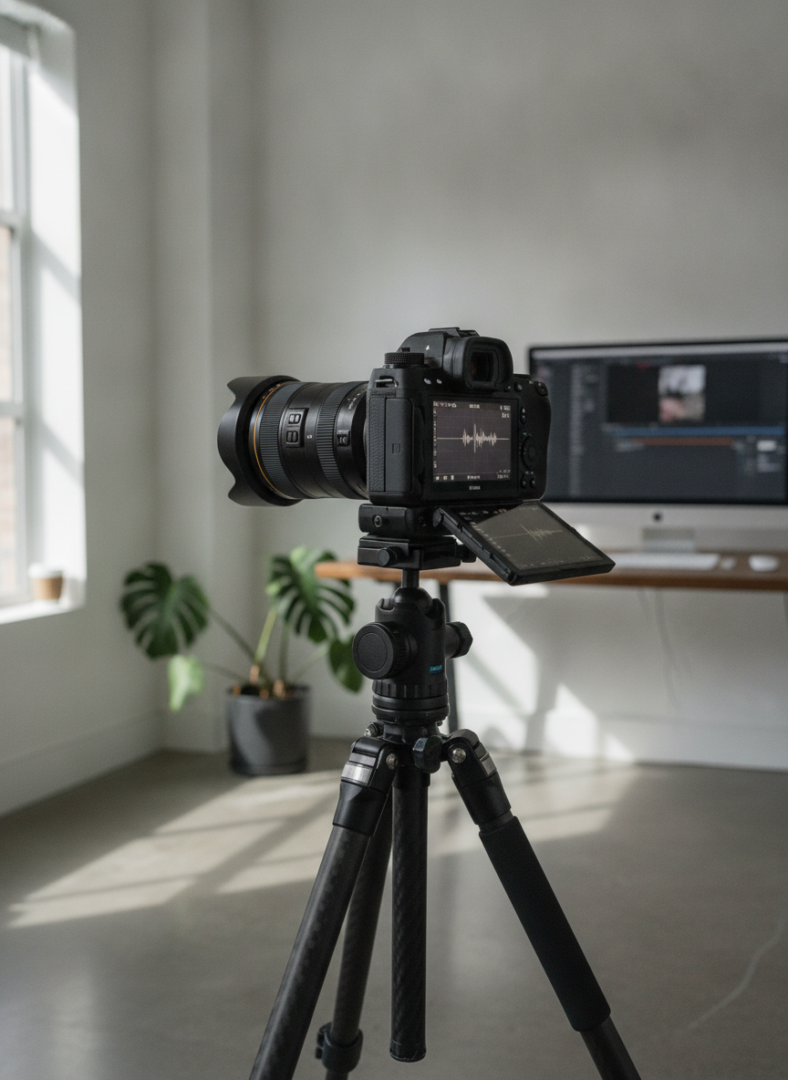 Camera on a tripod in a minimal recording studio