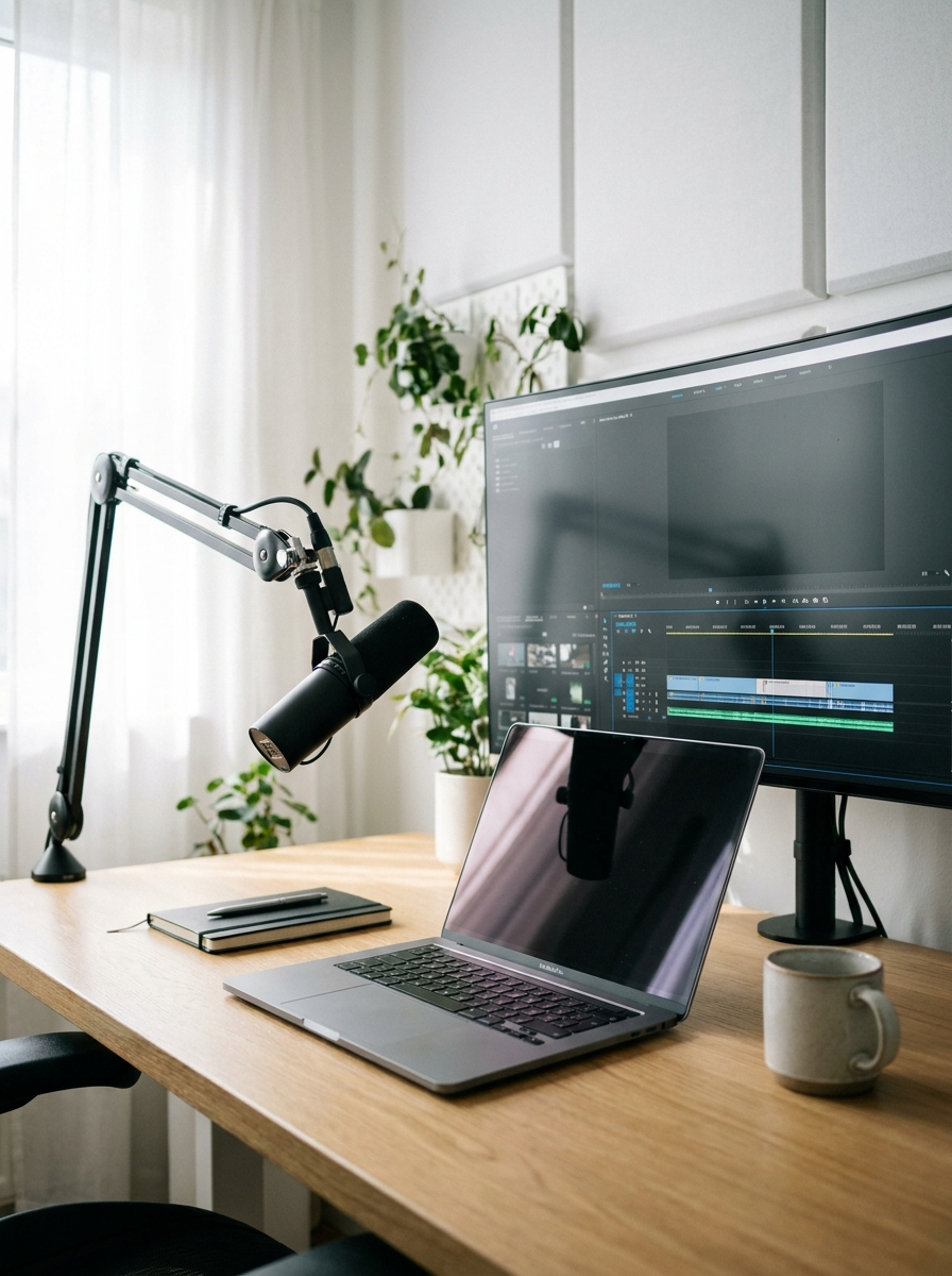 Minimal creator studio workspace with microphone, laptop, and editing desk setup